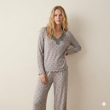 Lace Dot Women Pajama Set-Grey