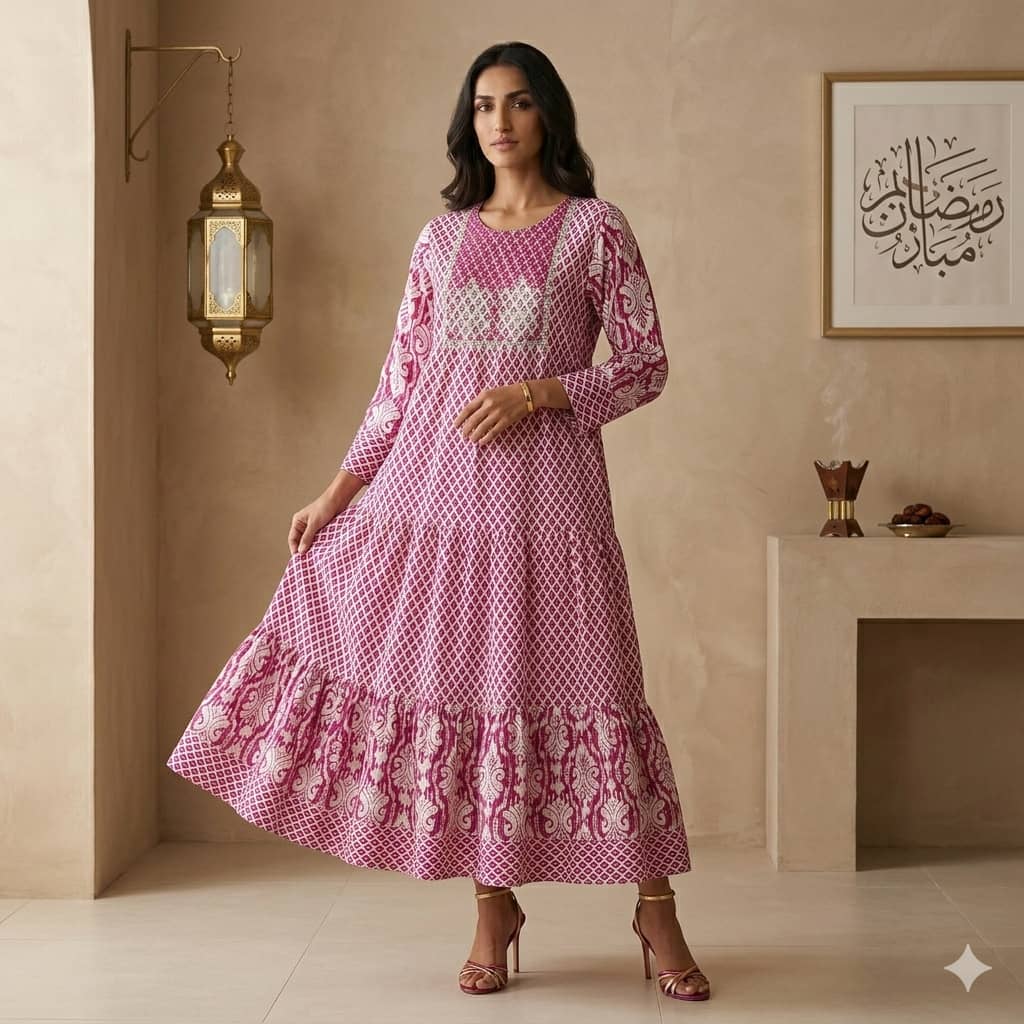 Embroidered Tiered Women Daraa- Pink