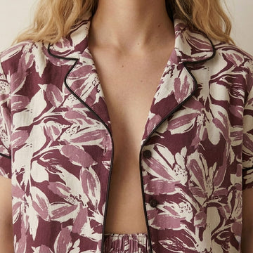 Floral Stroke Women Button Pajama Set- Maroon