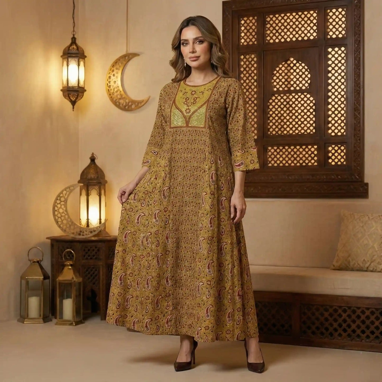 Majestic Motif Women Daraa- Mustard