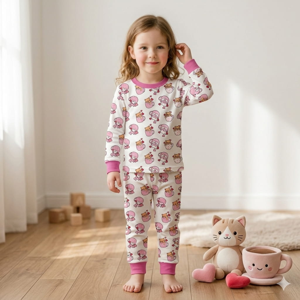 Kitty Cup Girl Full Sleeves Pajama Set- Magenta Pink