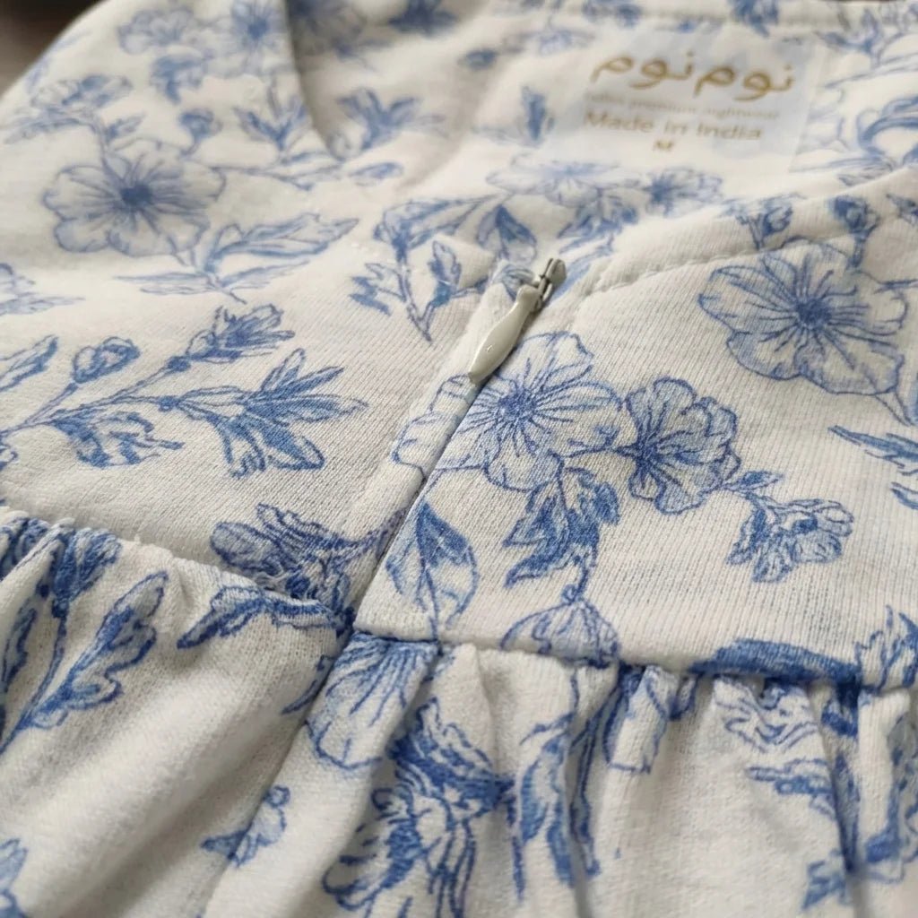 Blue Flora Zip Neck Women Pajama Set- Blue