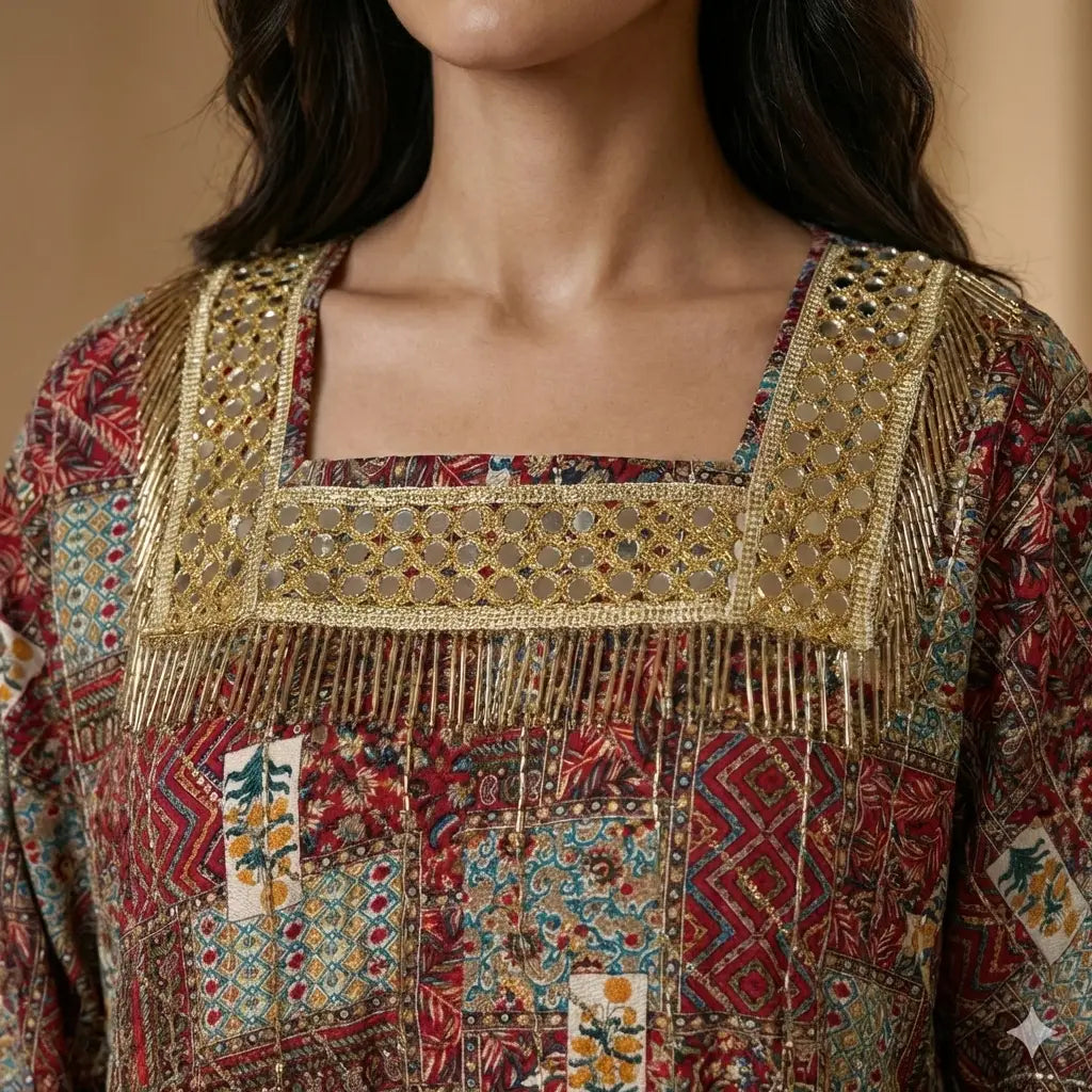 Mirror-Work Patchwork Women Daraa- Red & Multi