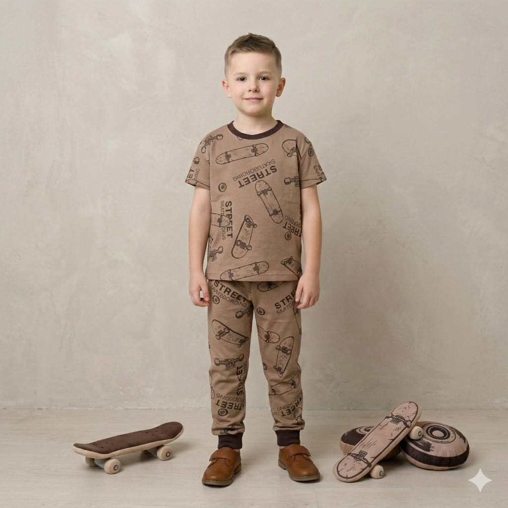 Skate Board Boy Pajama Set-Brown