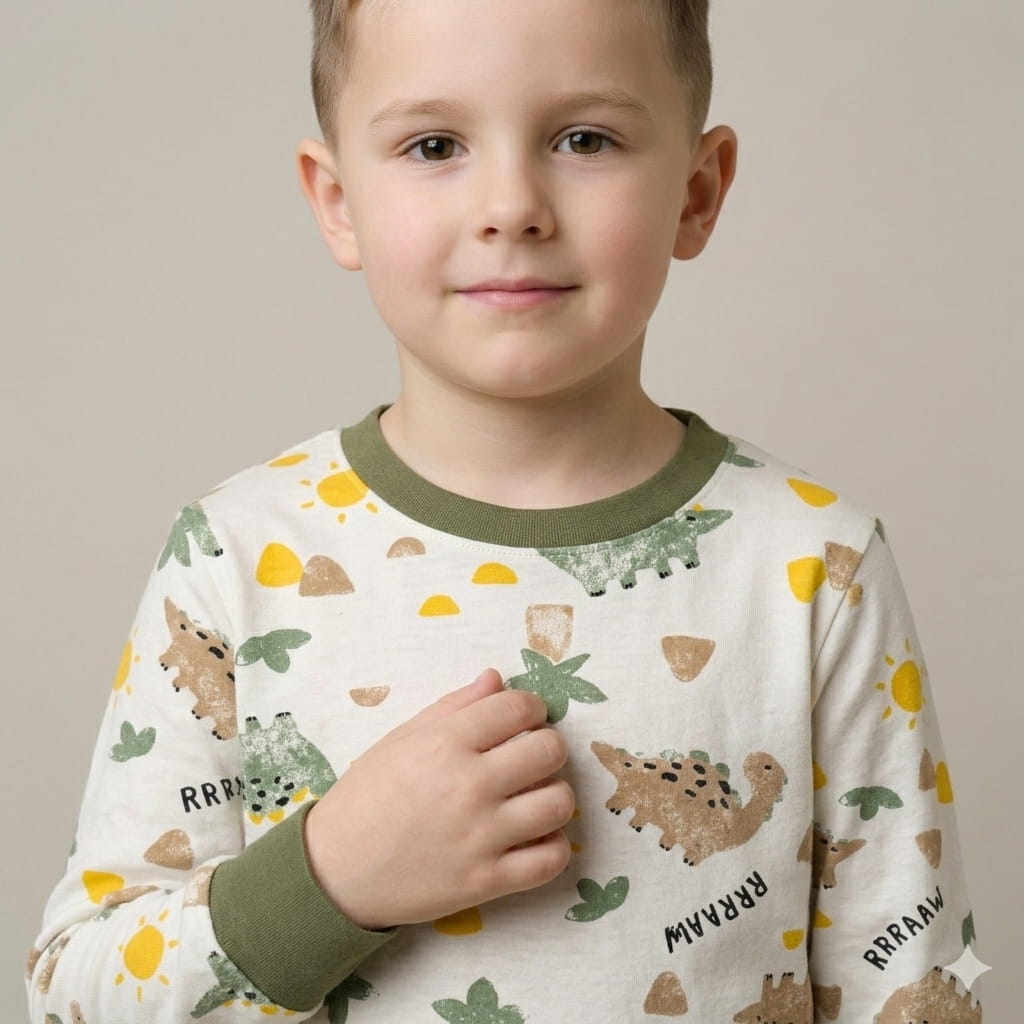 Pastel Dino Roar Boy Pajama Full Sleeves Set- White
