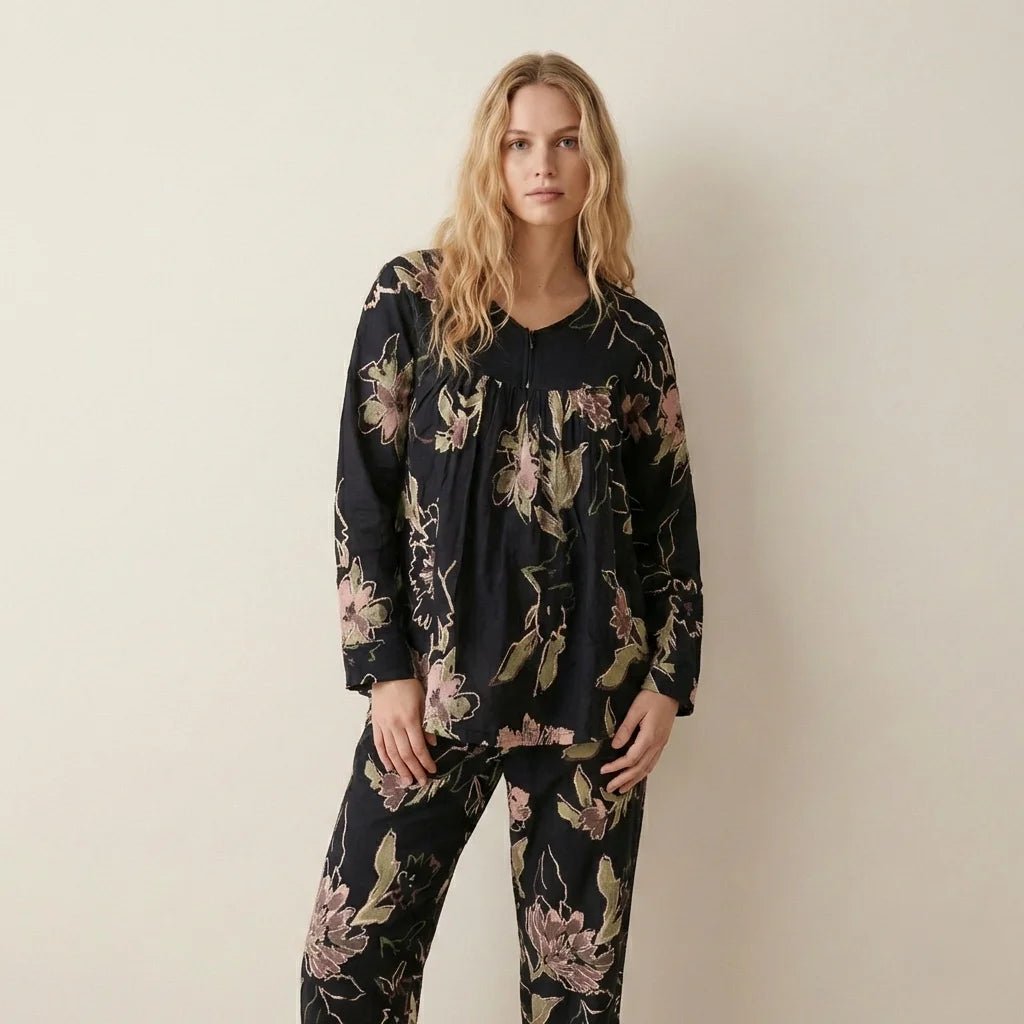 Golden Satin Zip Neck Women Pajama Set-Black