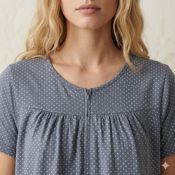 White Dotted Women Button Pajama Set- Dark Blue