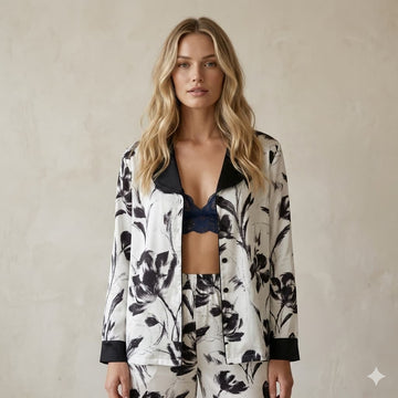 Silky Floral Women Pajama Set-Black