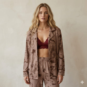 Velvet Flower Women Pajama Set- Chocolate Brown
