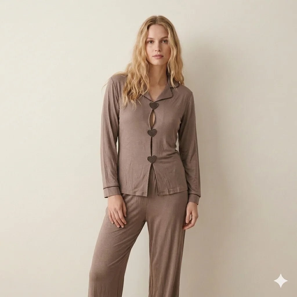 Big Heart Women Pajama Set- Chocolate Brown