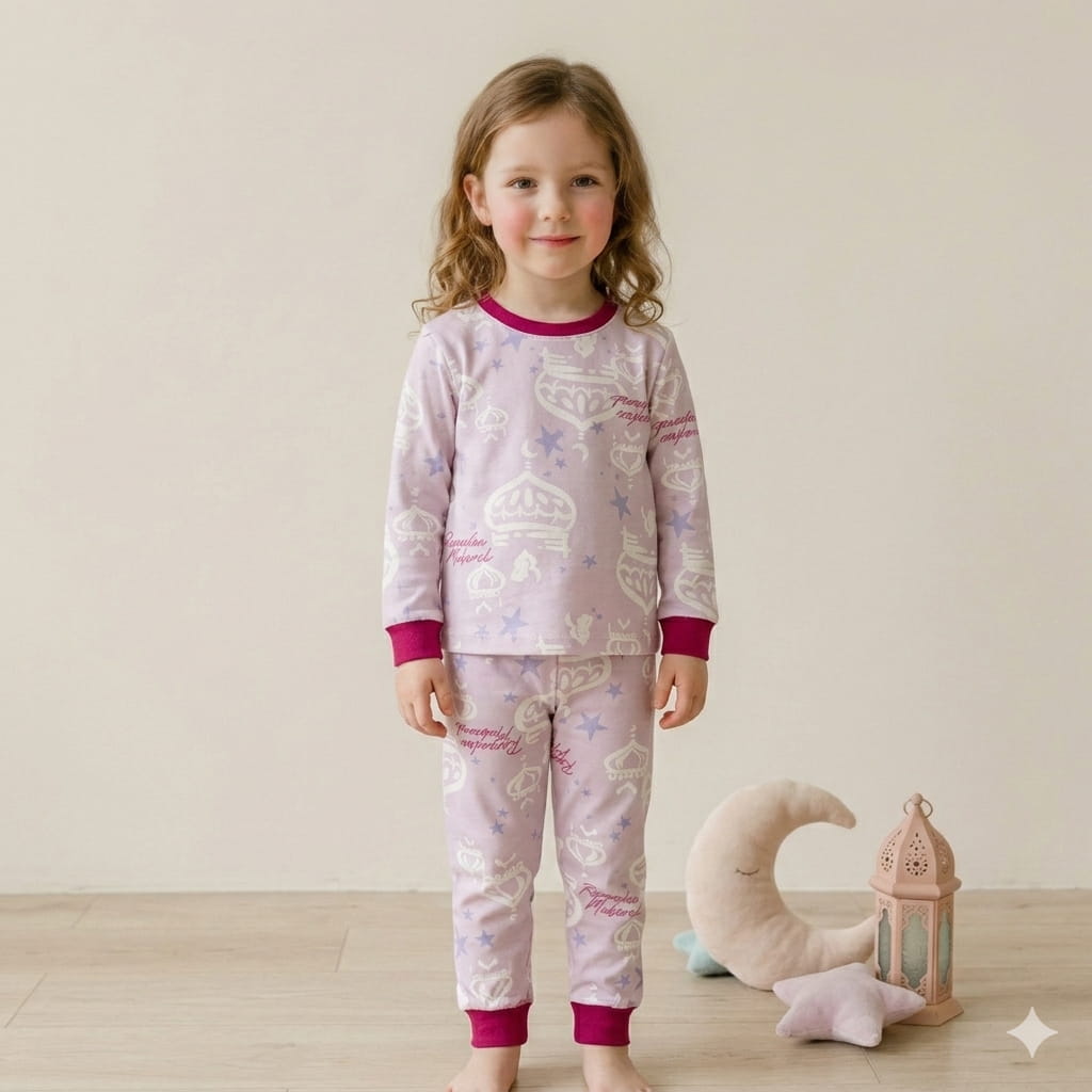 Ramadan Mubarak Girl Full Sleeves Pajama Set- Pink