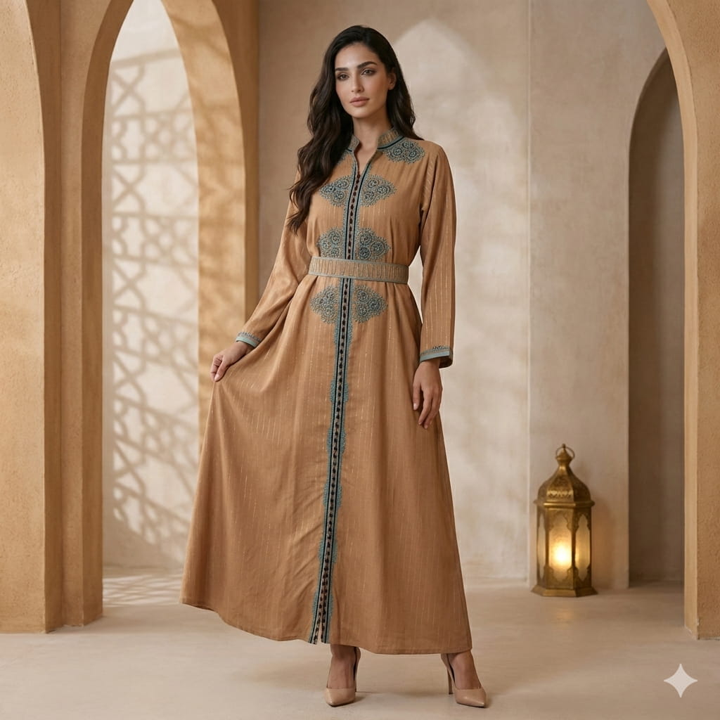 Medallion Embroidered Women Daraa- Honey Camel
