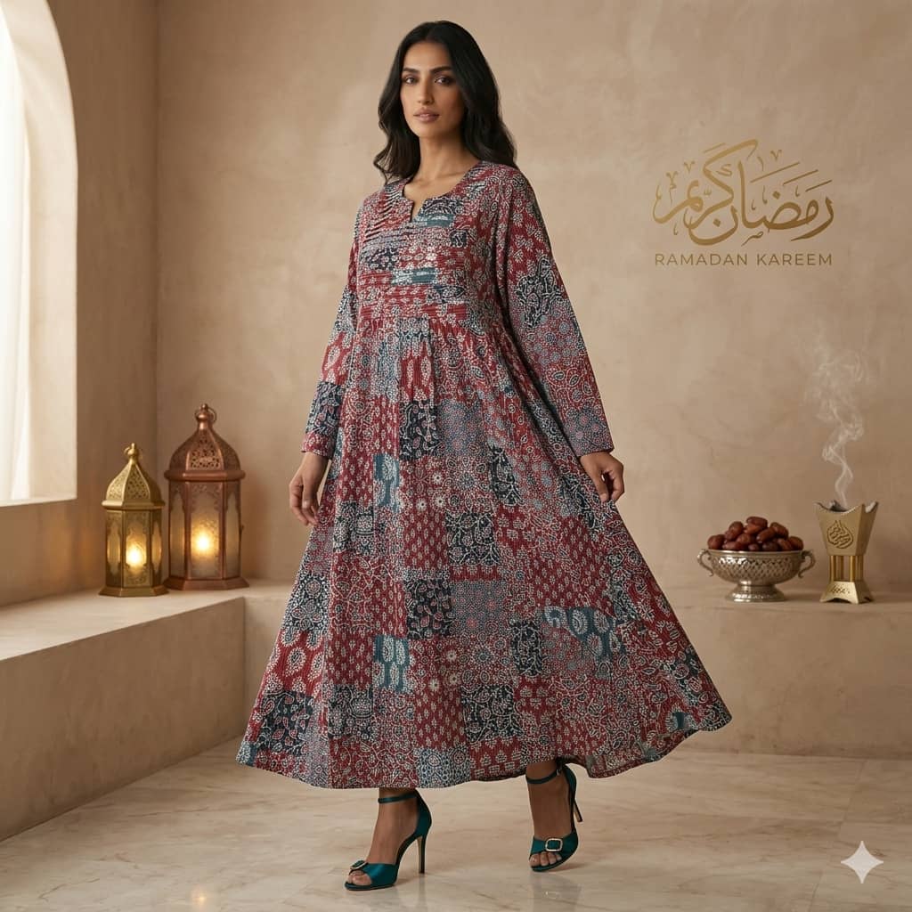 Pleated Patchwork Women Daraa- Burgundy Red