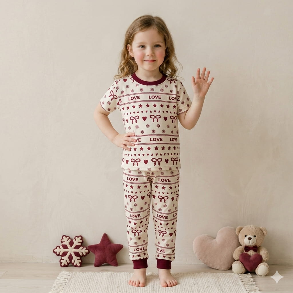 Red Love Girl Half Sleeves Pajama Set-Blood Red