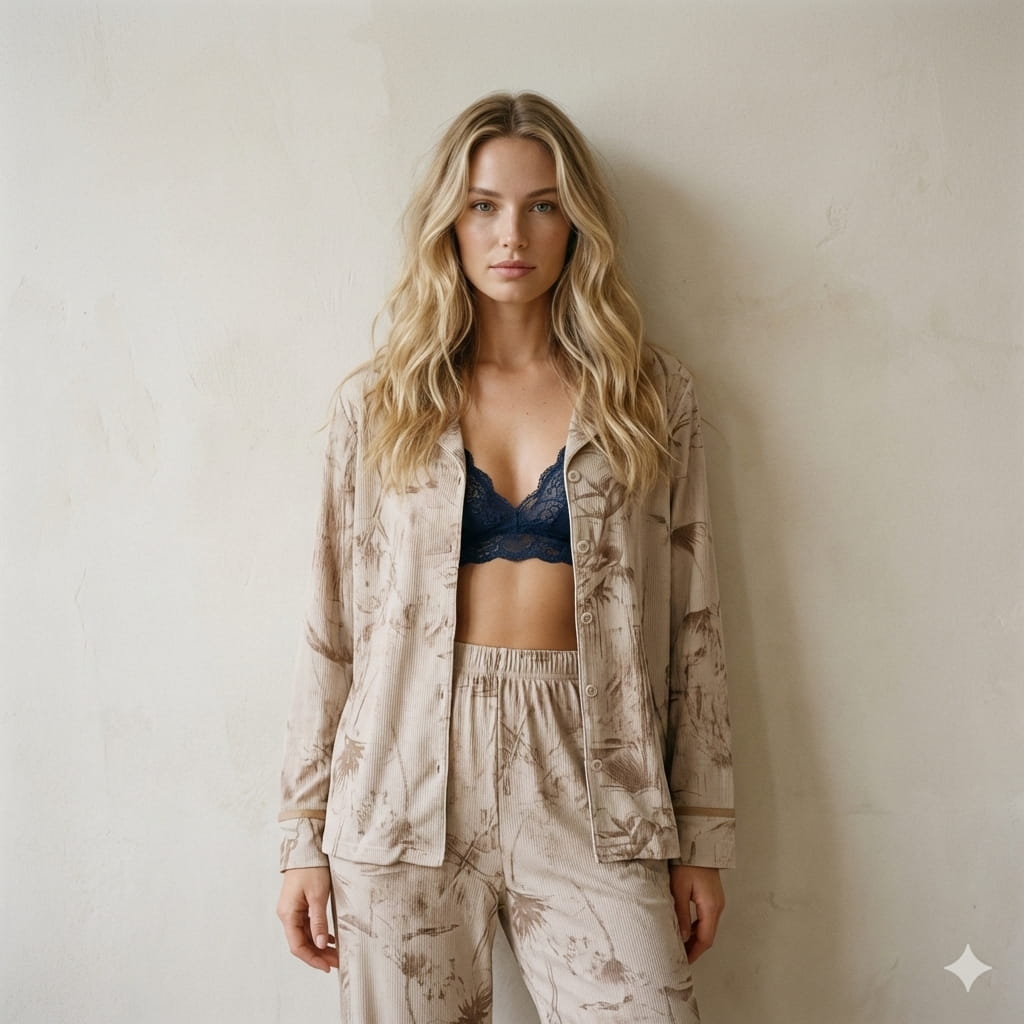 Velvet Flower Women Pajama Set- Beige