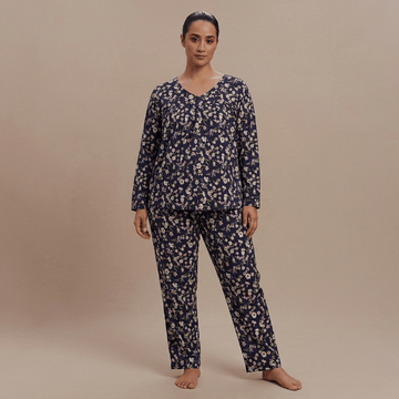 Midnight Bloom Women Pajama Set- Navy Blue