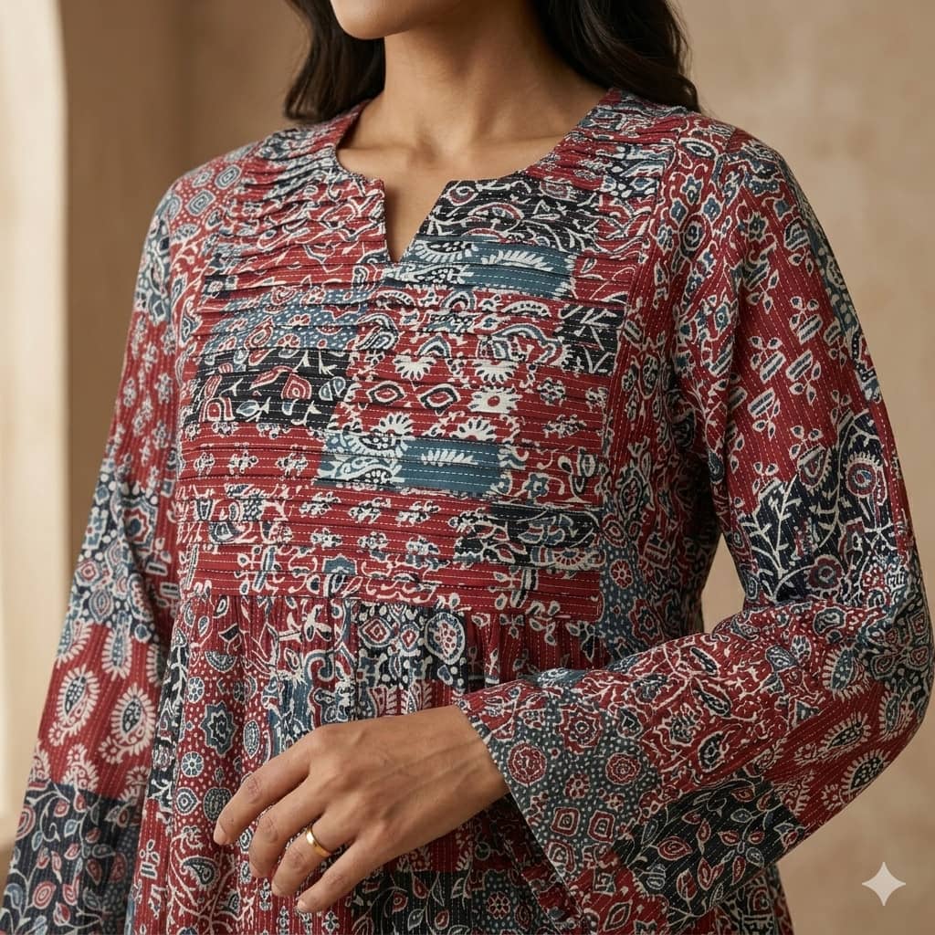 Pleated Patchwork Women Daraa- Burgundy Red.