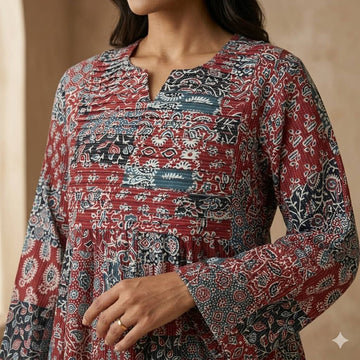 Pleated Patchwork Women Daraa- Burgundy Red