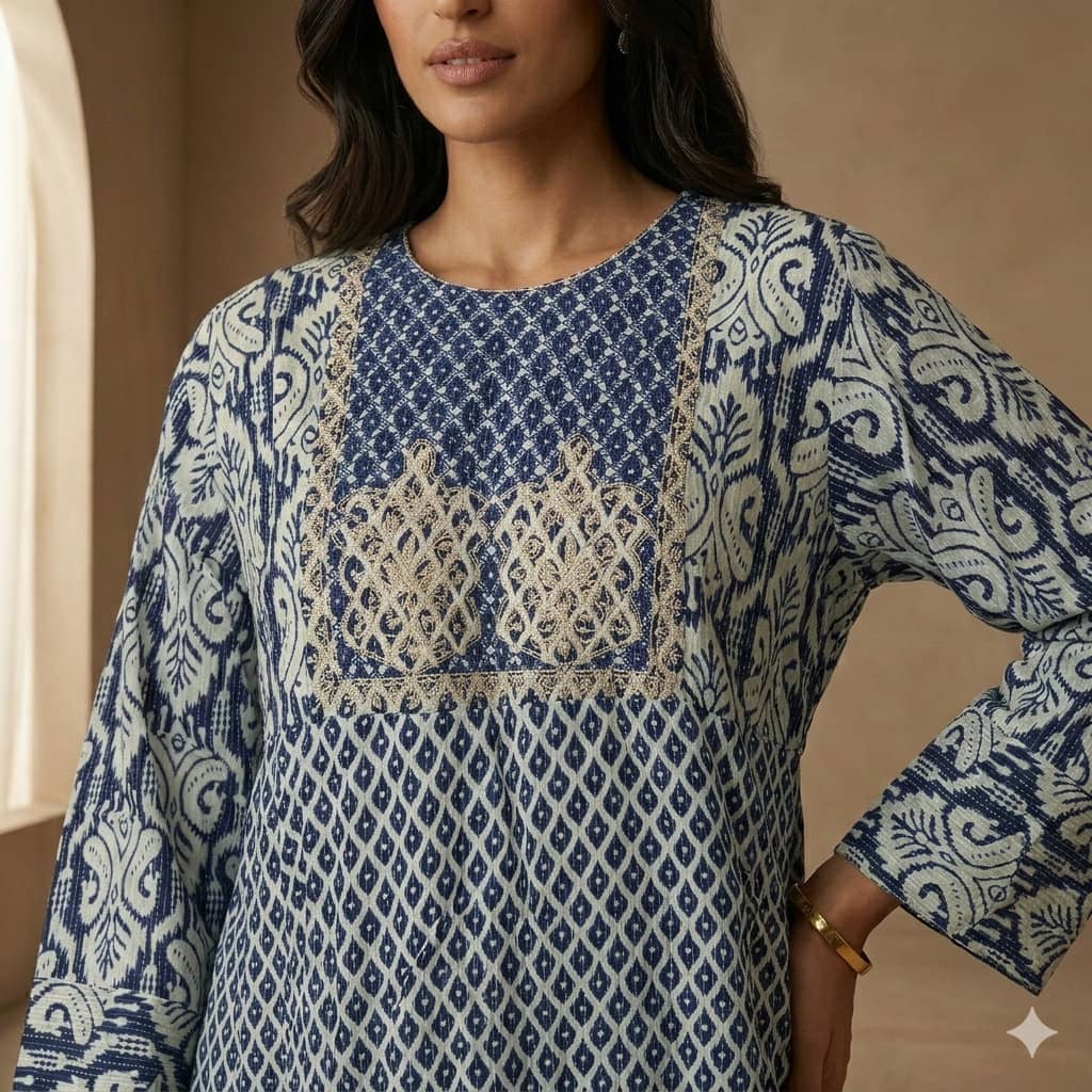Embroidered Tiered Women Daraa- Indigo Blue