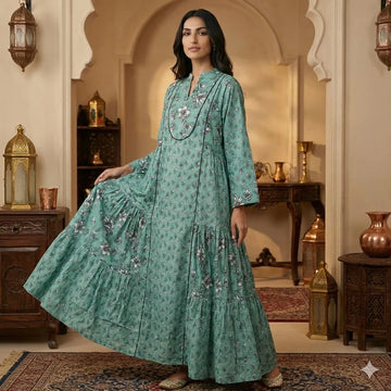 The Floral Tiered Women Daraa- Sage Green