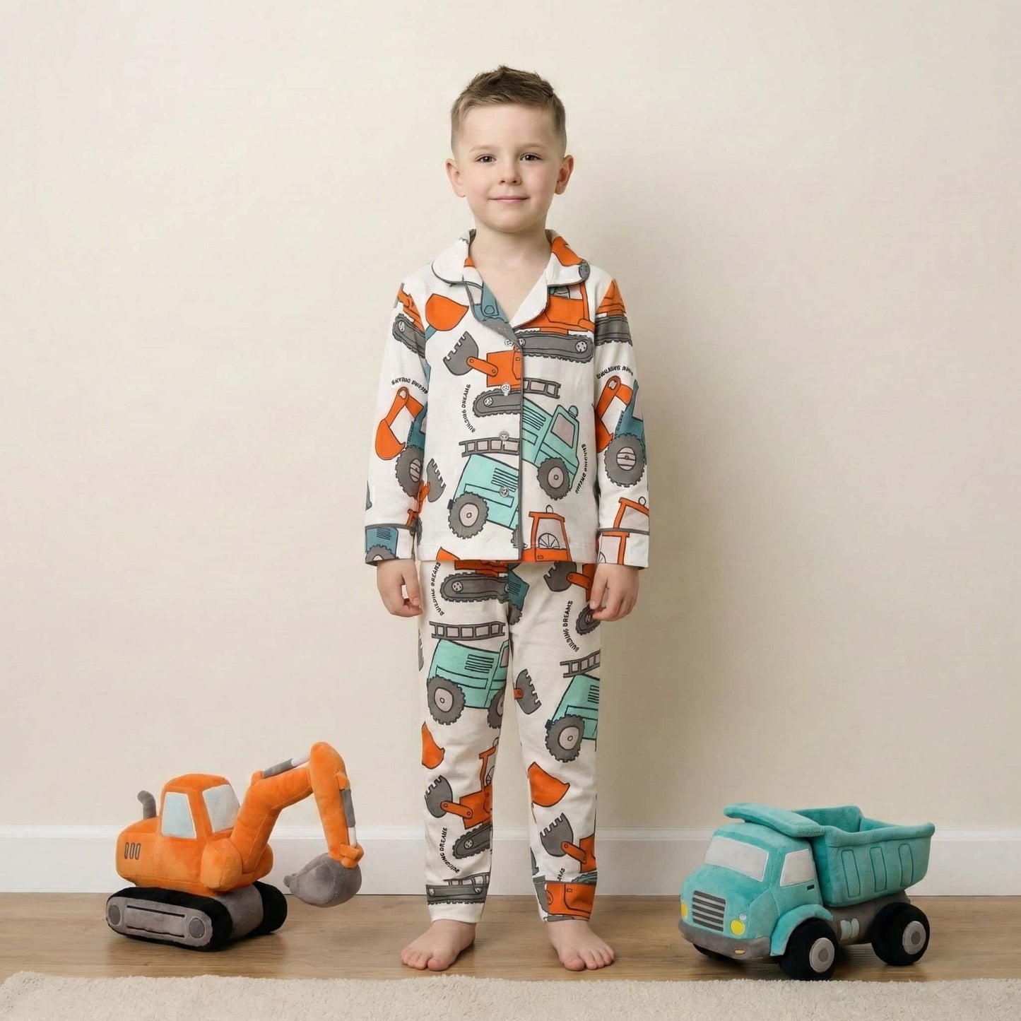 Excavator Button Boy Pajama Set- White
