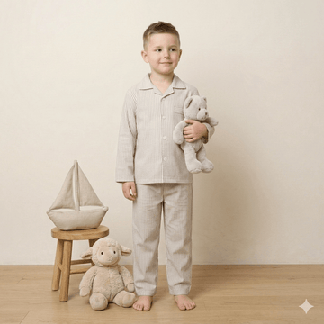 Lining Stipe Boy Button Pajama Set- Brown