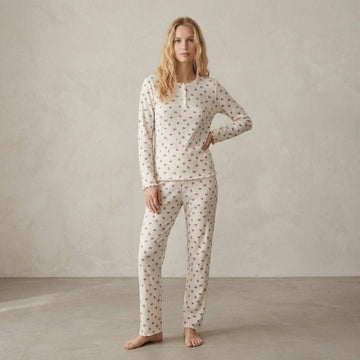 Lavender Flowers Women Button Pajama Set- Offwhite