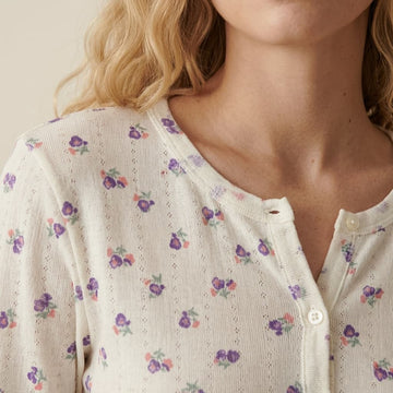 Lavender Flowers Women Button Pajama Set- Offwhite