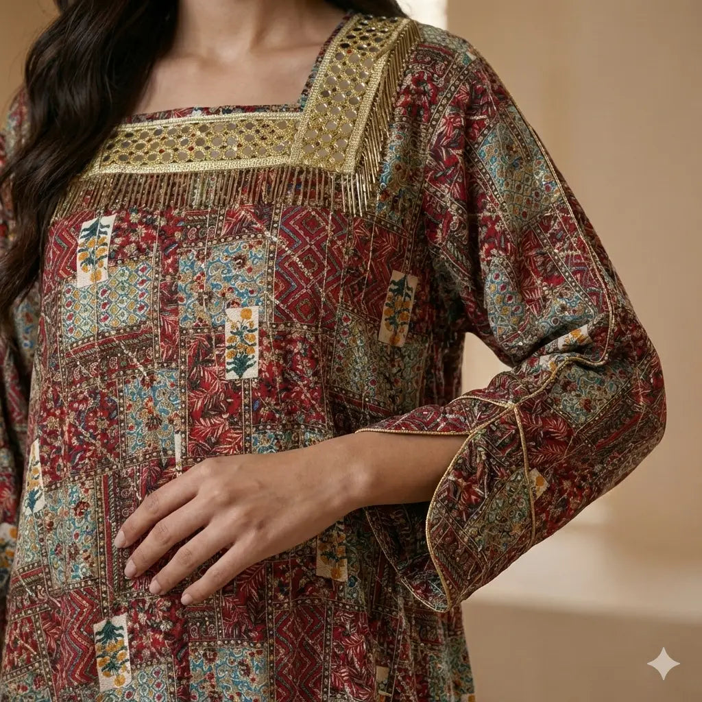 Mirror-Work Patchwork Women Daraa- Red & Multi