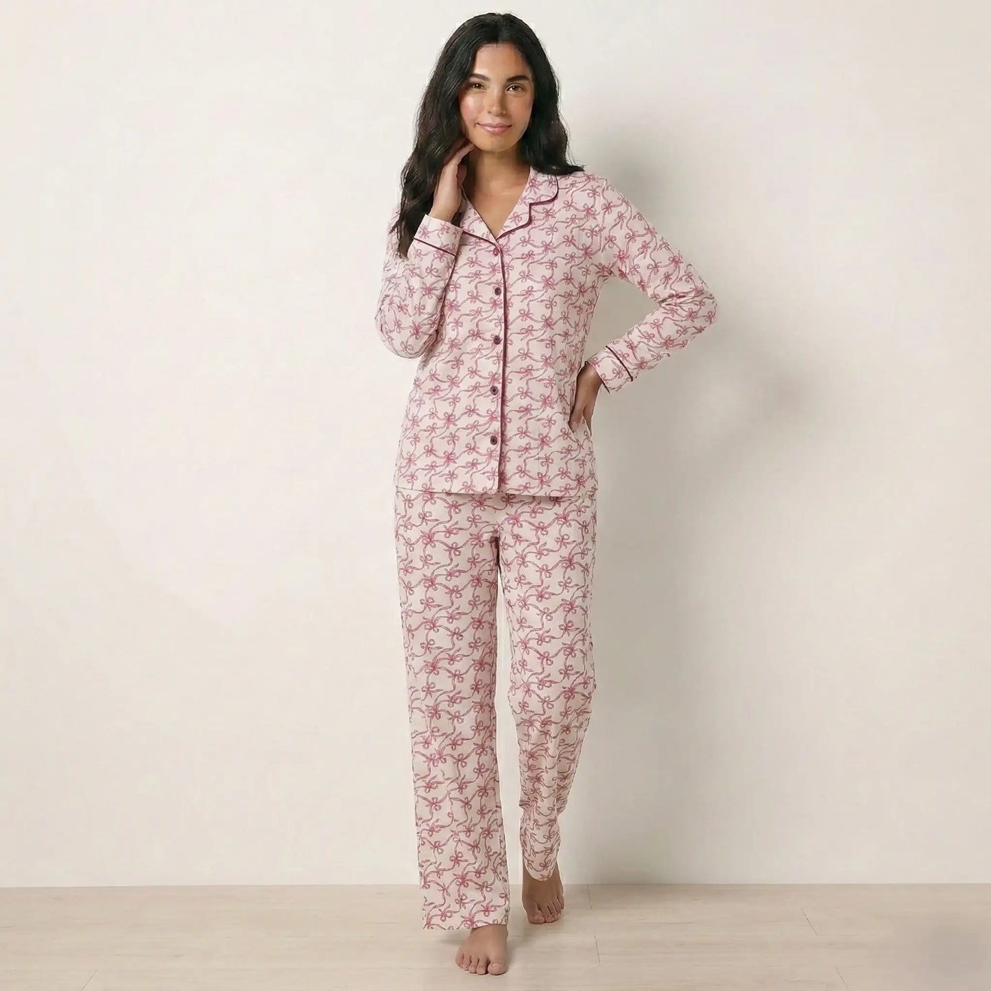 Pink Bow Women Pajama Set- Pink