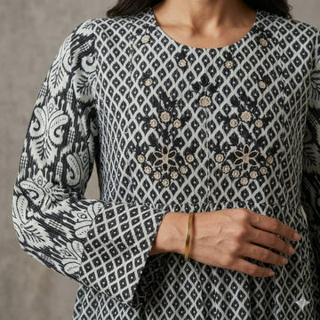 Embroidered Tiered Women Daraa- Charcoal Black