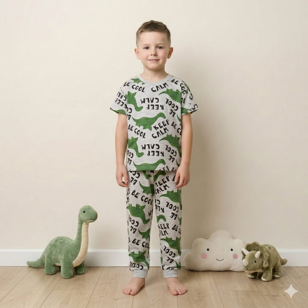 طقم بيجامة بطبعة Keep Calm Dino Boy بأكمام نصفية - رمادي