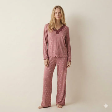 Lace Dot Women Pajama Set-Dark Pink