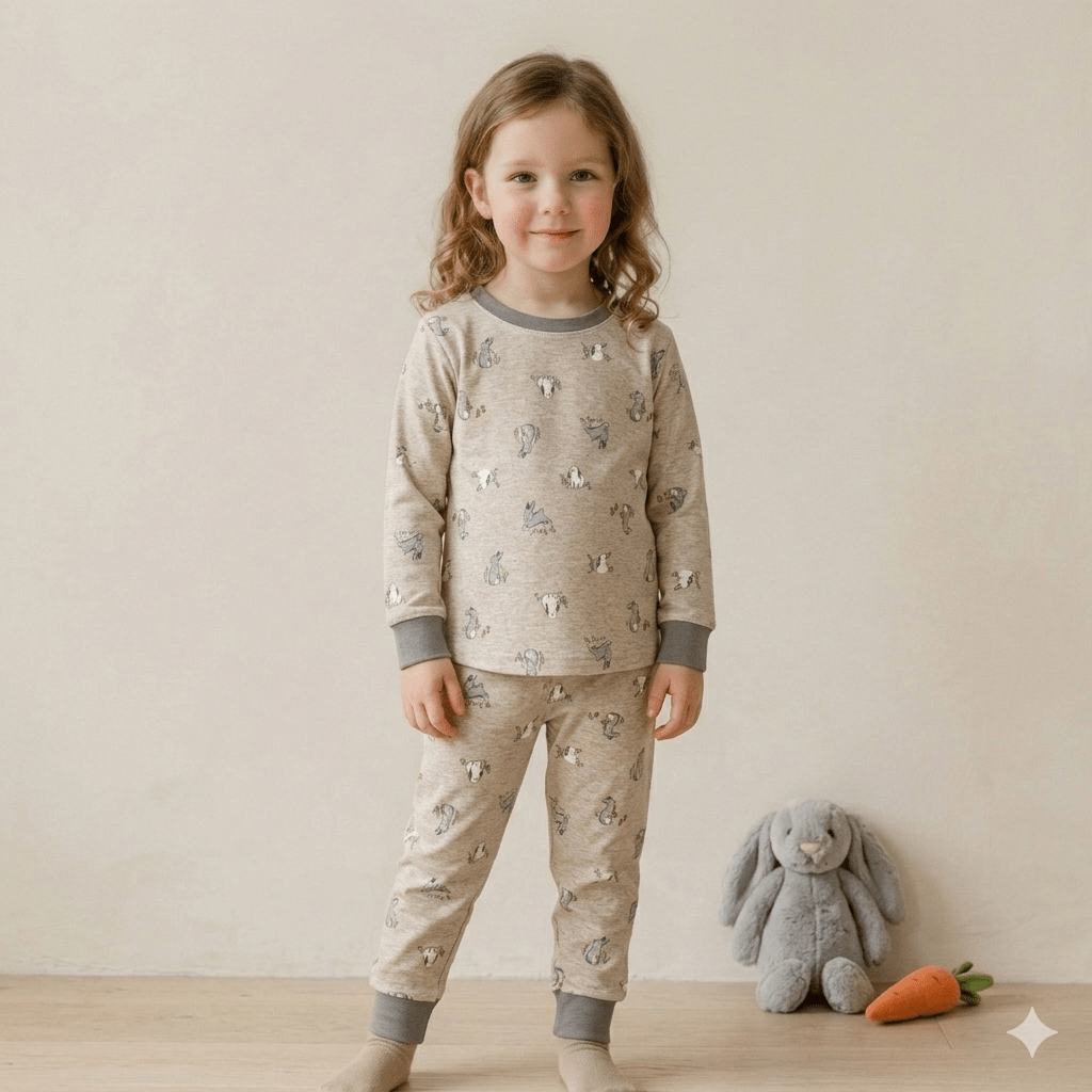 Cute Bunny Girl Pajama Set- Husky Grey
