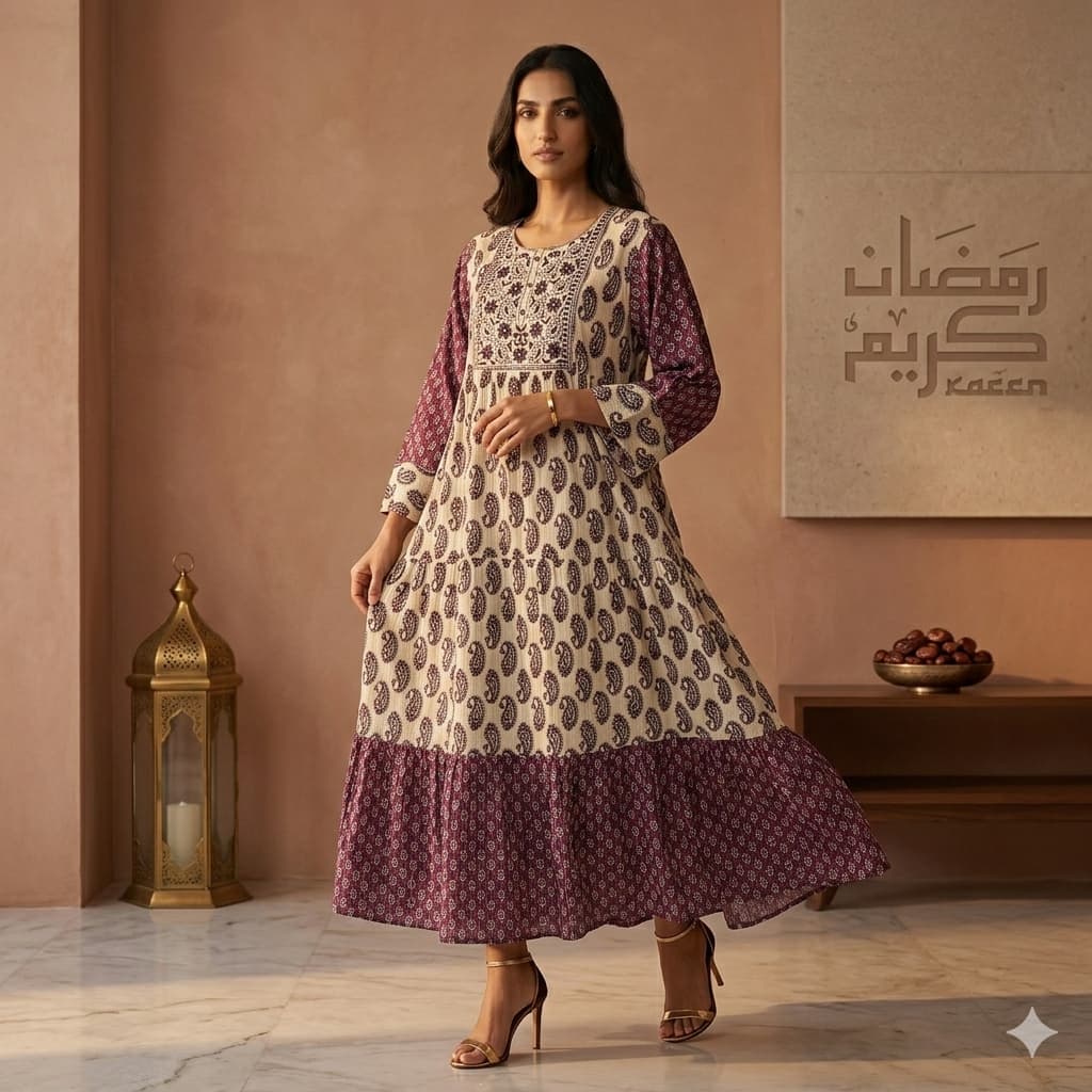 Tiered Paisley Hem Women Daraa- Burgandy