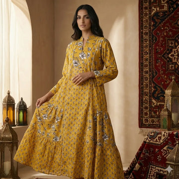 The Floral Tiered Women Daraa- Mustard Yellow