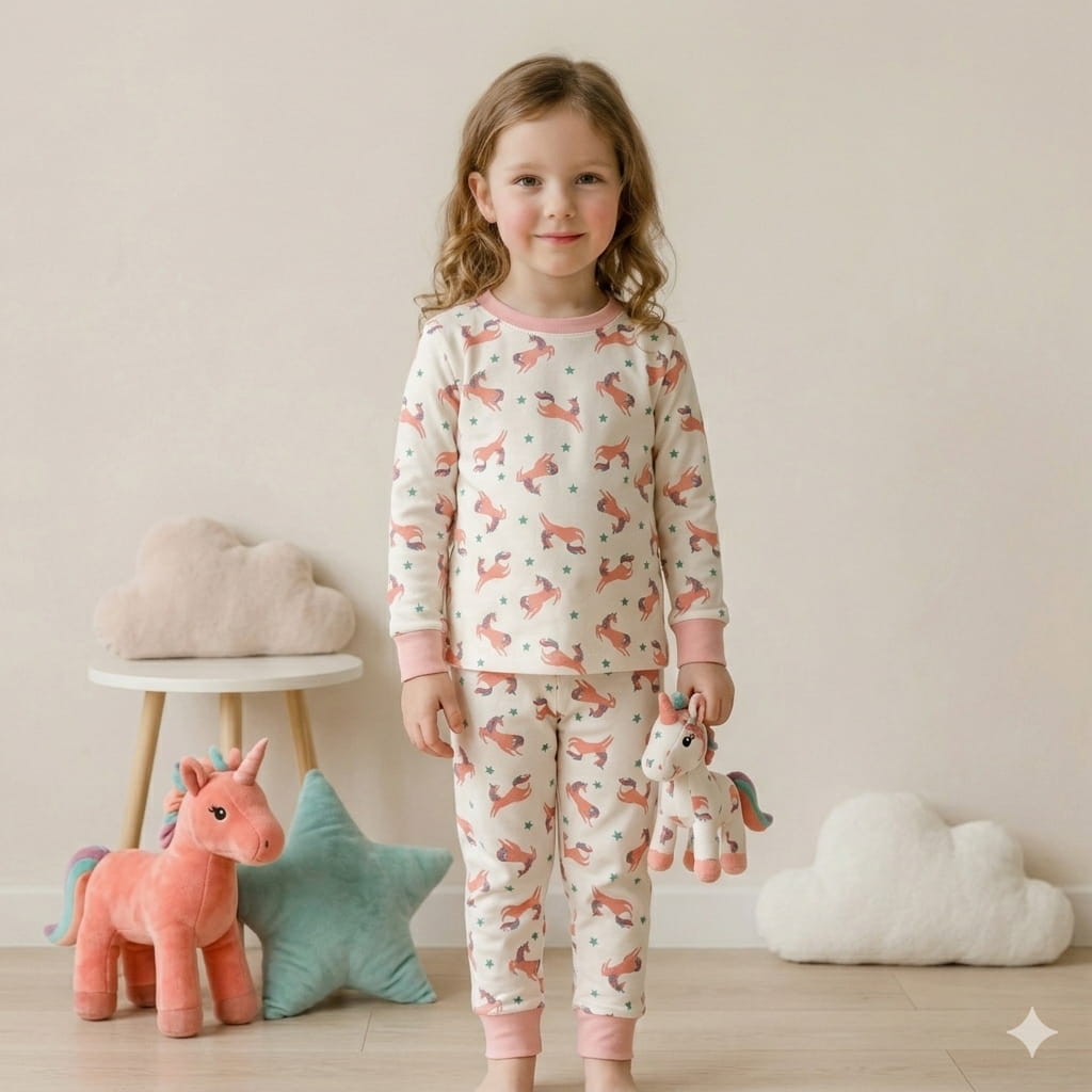 Unicorn Star Girl Full Sleeves Pajama Set- Baby Pink