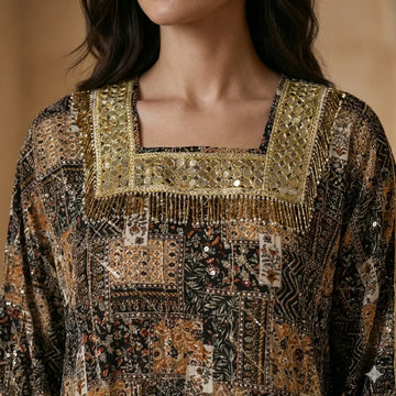 Mirror-Work Patchwork Women Daraa- Charcoal & Amber