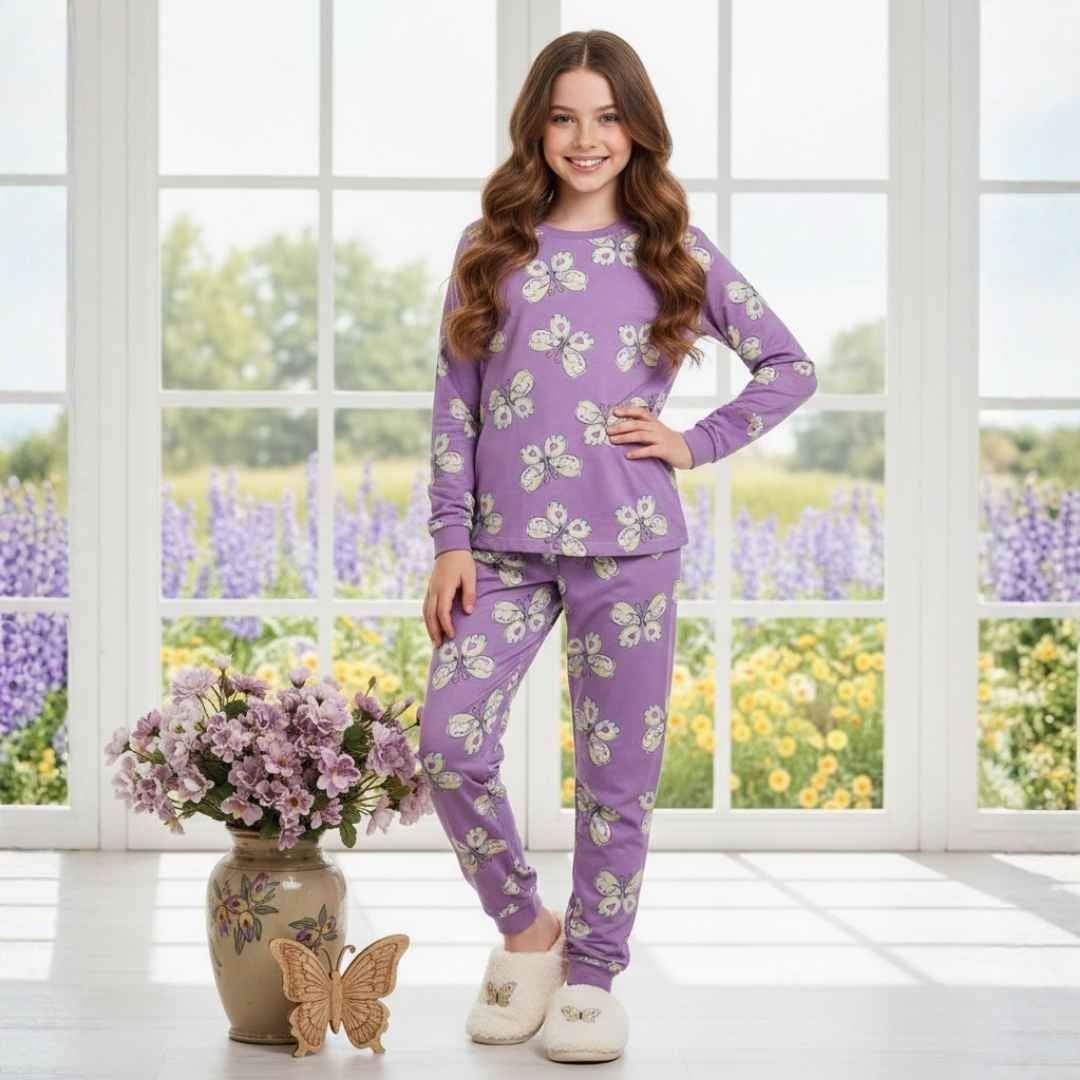 Butterfly Girl Full Sleeves Pajama Set- Lavender