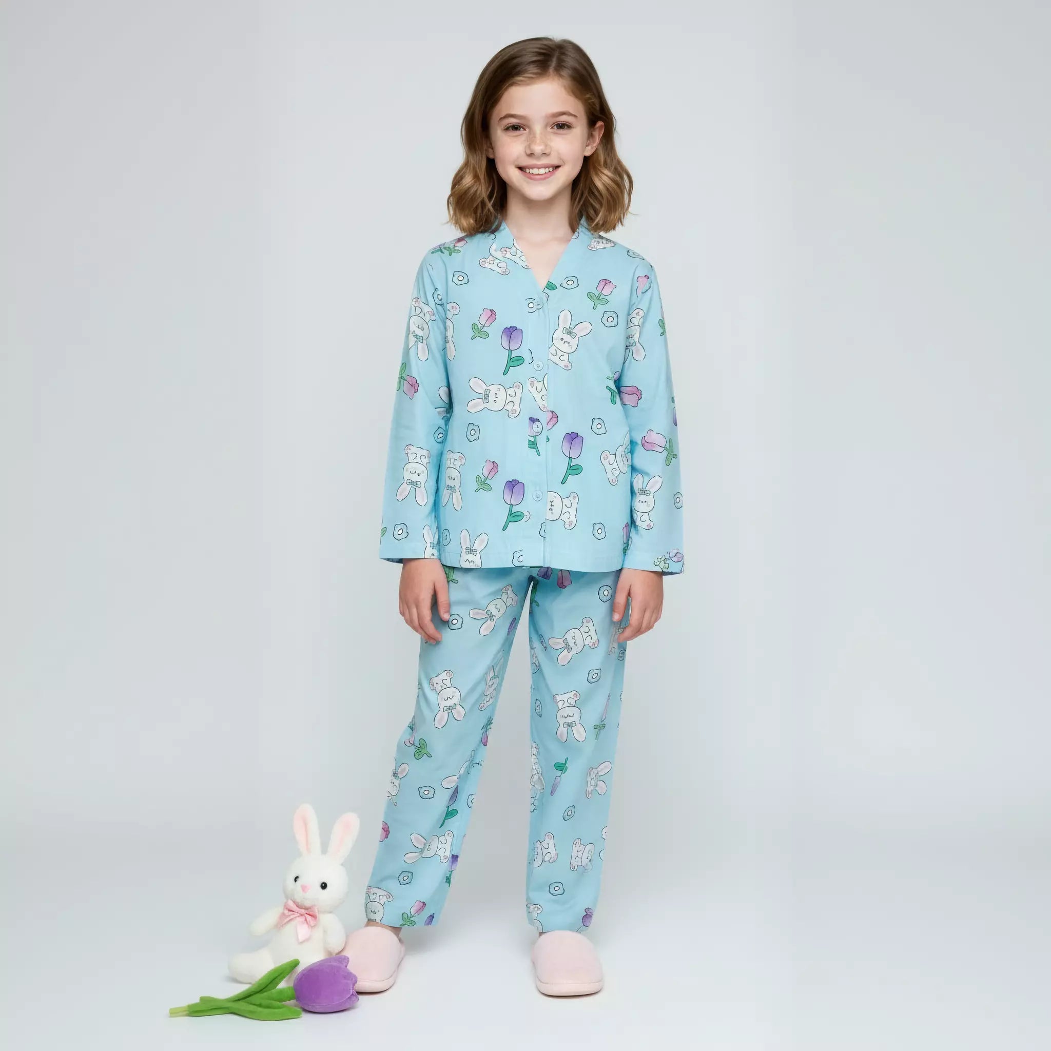 Rabbit Tulips Girls Rayon Button Pajama Set - Blue