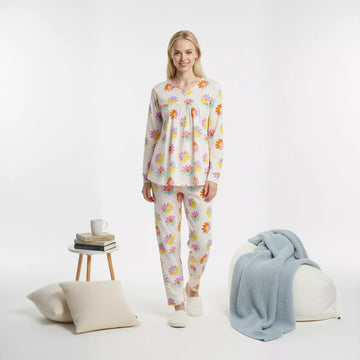 Sun Flower Zip Neck Women Pajama Set- White