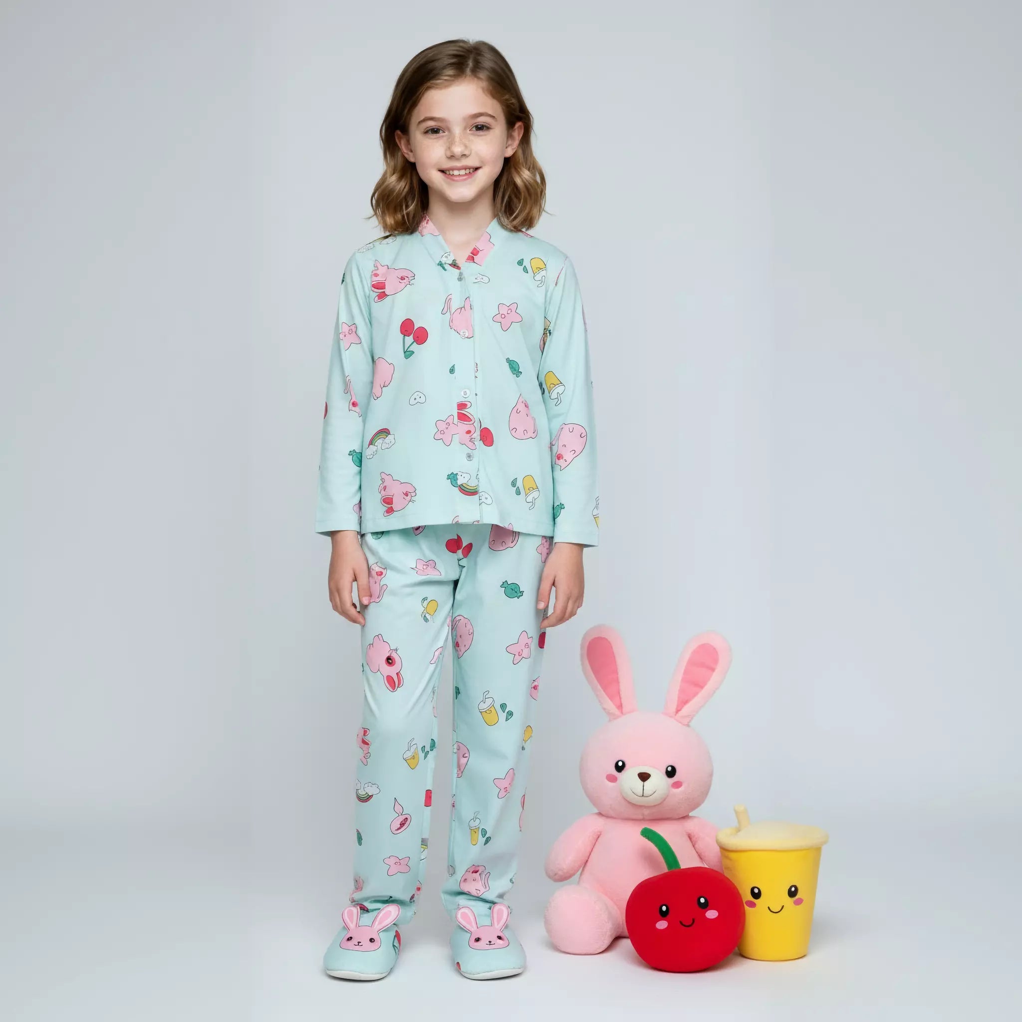 Rabbit Cherry Girls Rayon Button Pajama Set - Blue