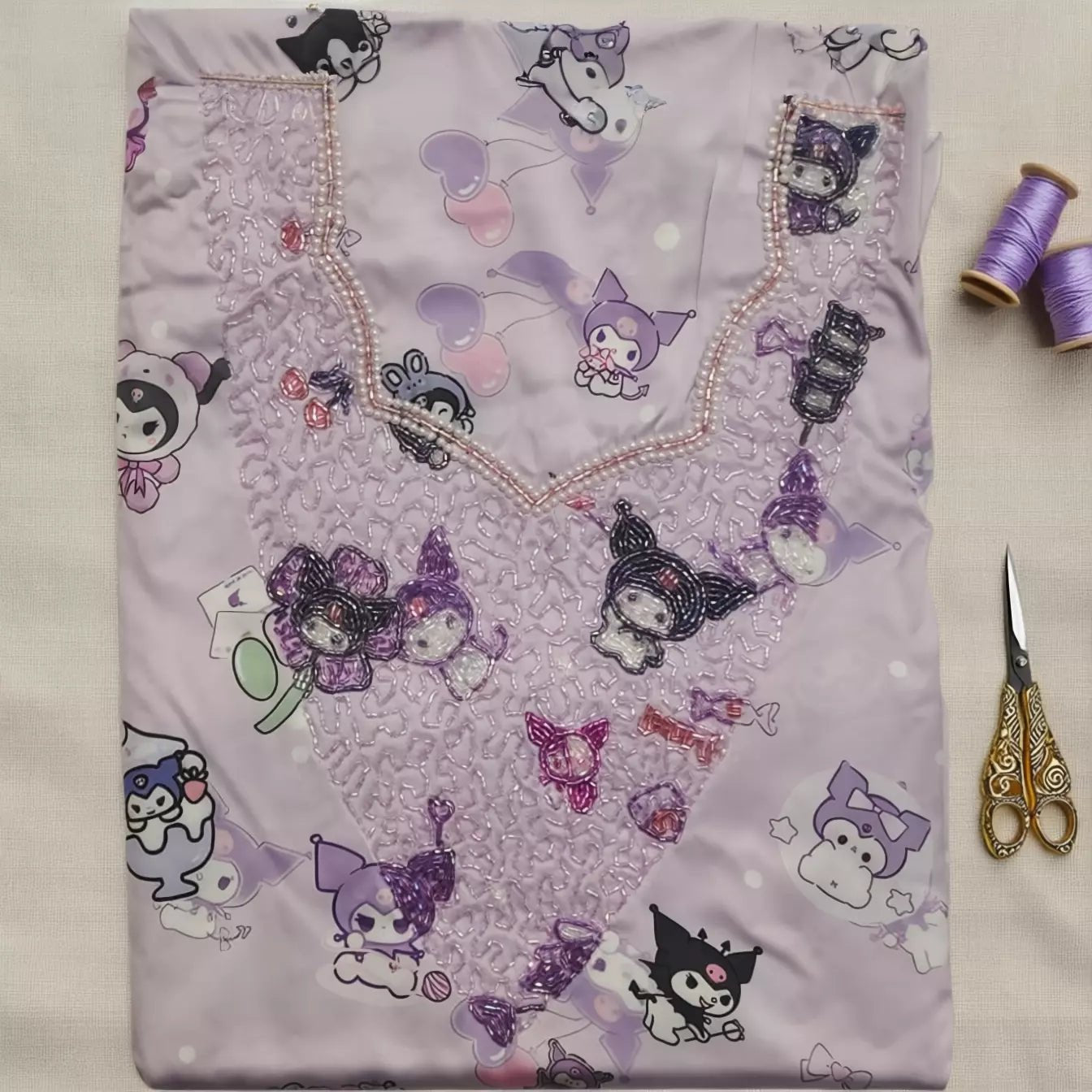 Kuromi Candy Girls Embroidered Mukhawir - Purple