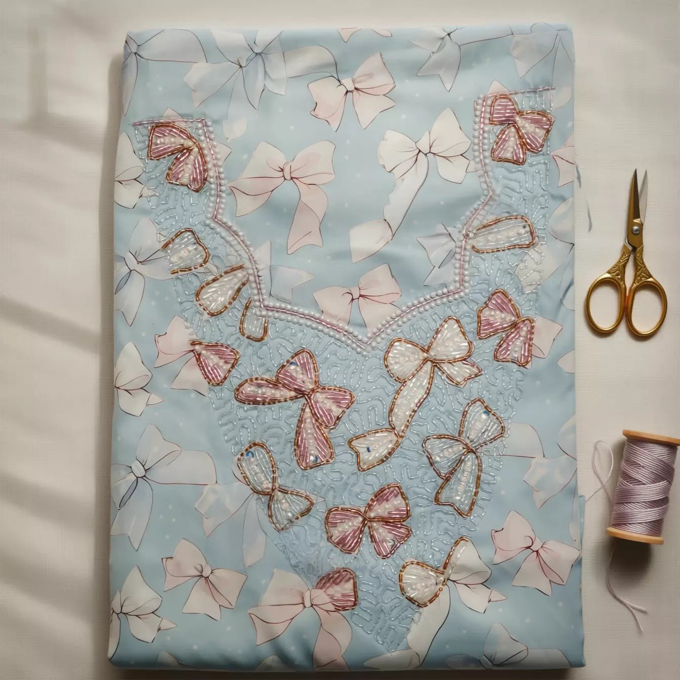 Bow Girls Embroidered Mukhawir - Blue