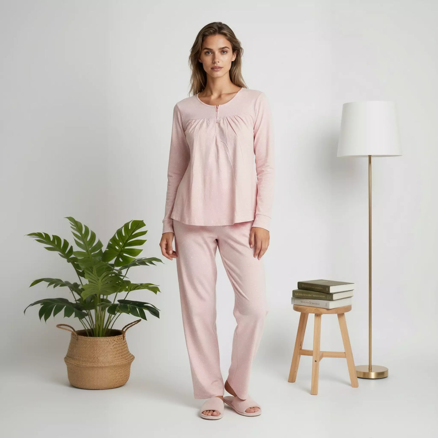 White Dot Zip Neck Women Pajama Set- Pink