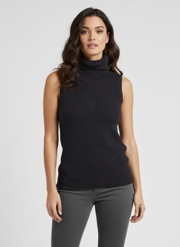 Turtle Neck Women Sleeveless Sweater-Black