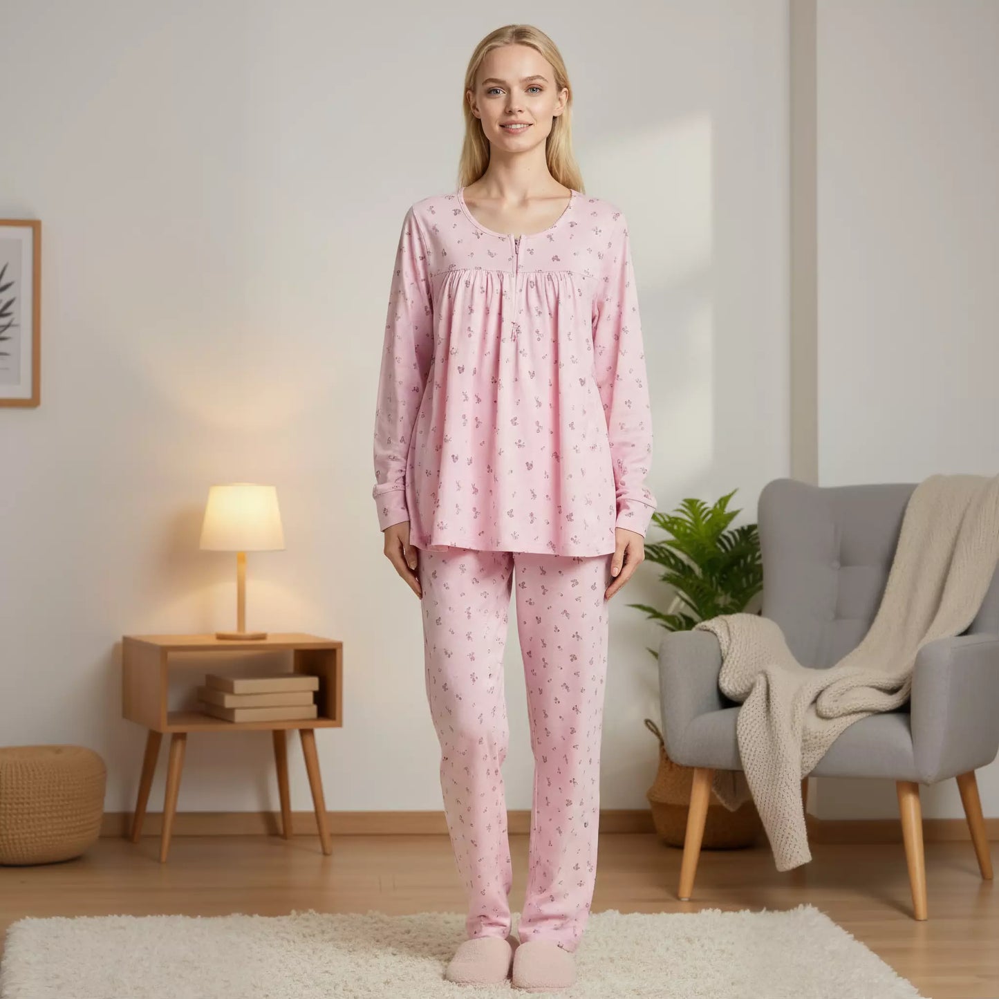 Small Flower Zip Neck Women Pajama Set- Pink