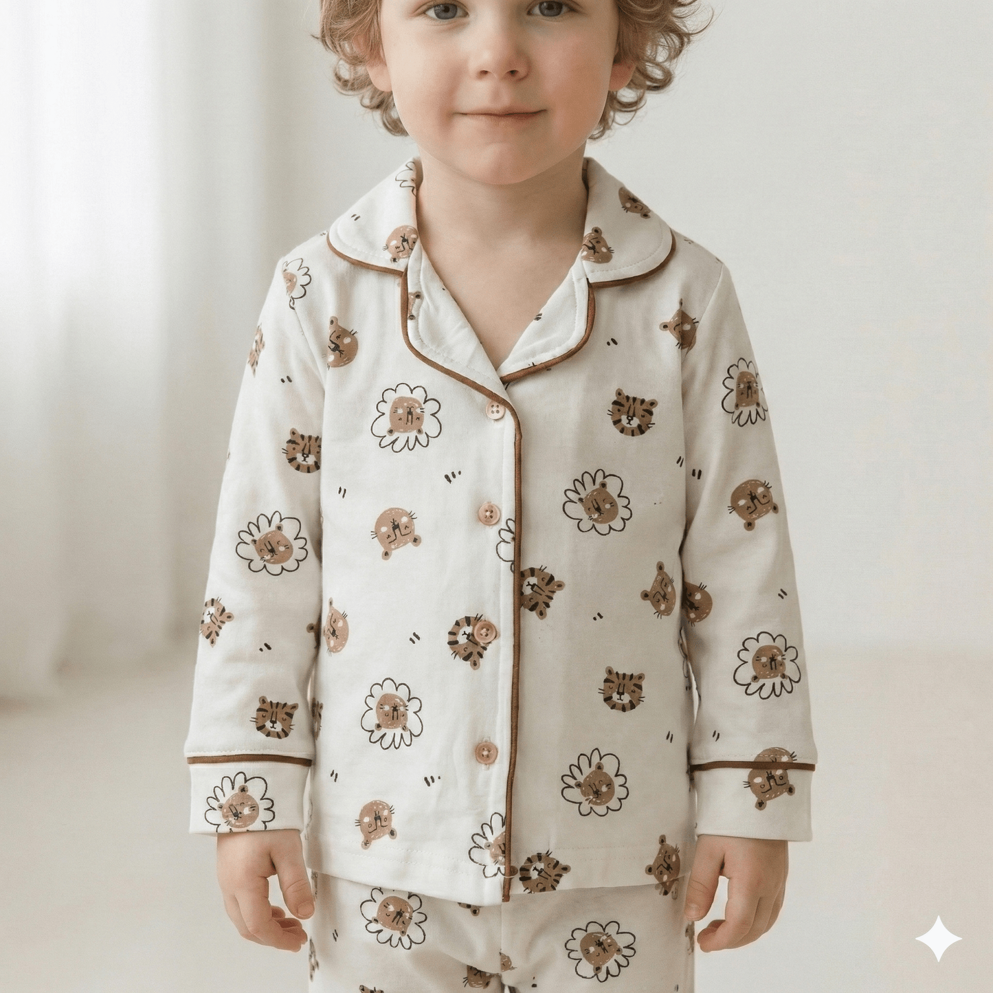 Doodle Tiger Button Boy Pajama Set- White