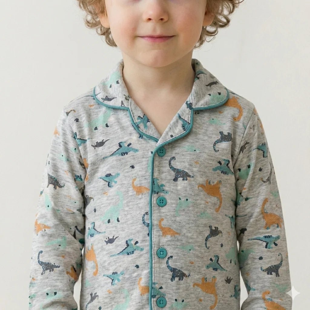 Mini Dinosaur Button Boy Pajama Set- Grey