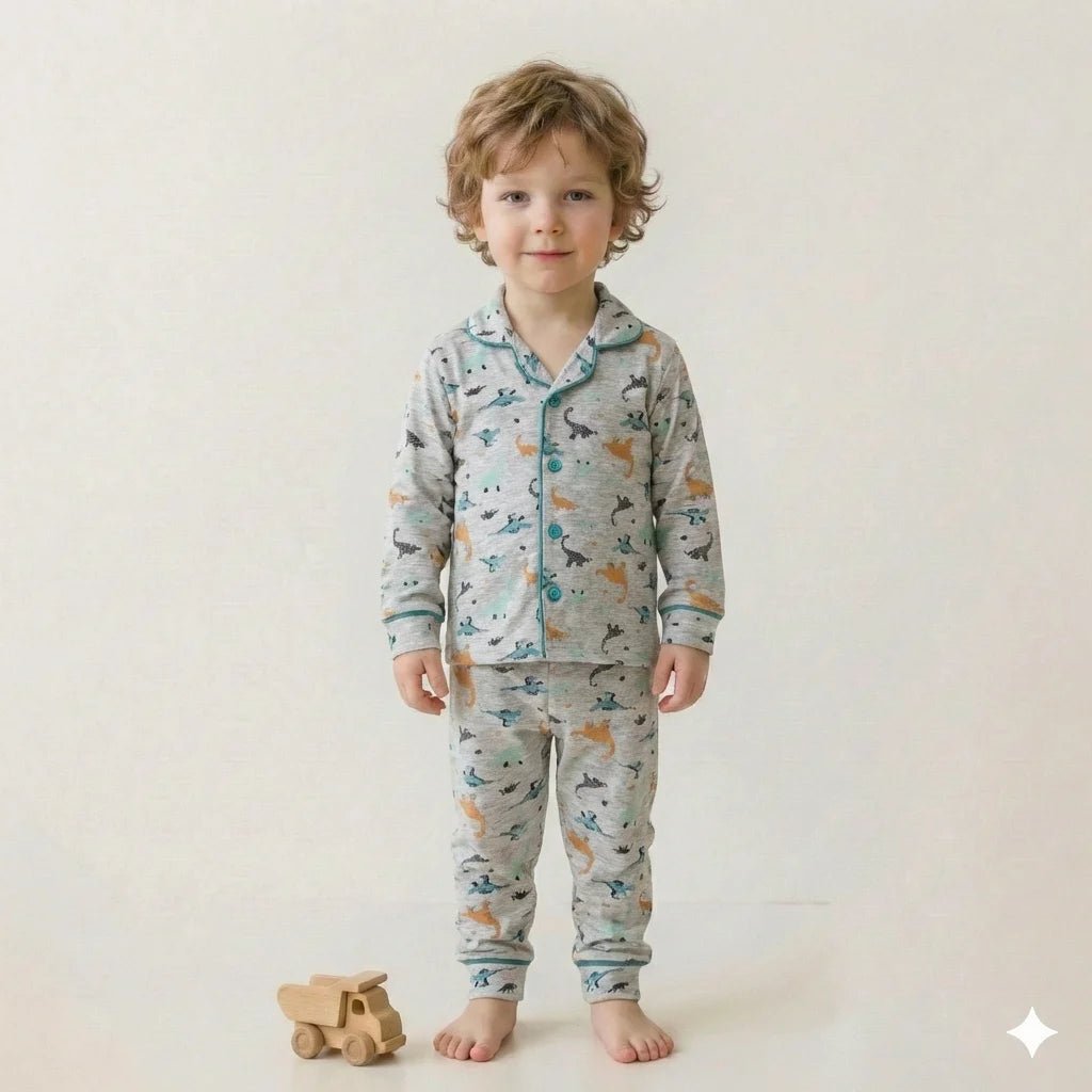 Mini Dinosaur Button Boy Pajama Set- Grey